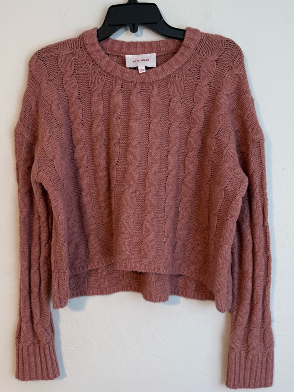 Pink Rose Dusty Mauve Cable Knit Crewneck Sweater